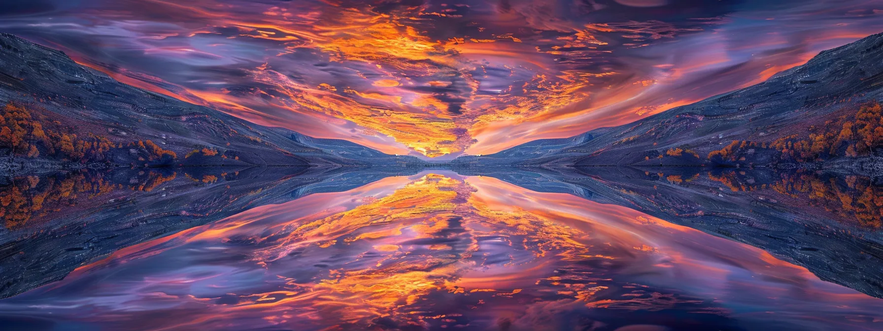 a mesmerizing sunset over a tranquil lake, with vibrant hues of orange and purple reflecting on the calm water's surface, creating an atmosphere of serene beauty.