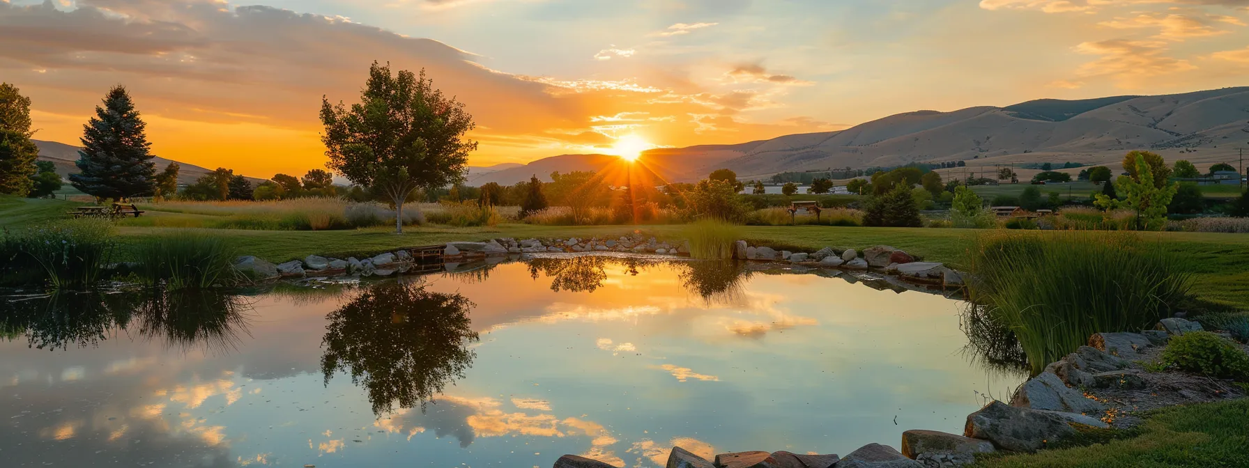 a radiant sunset casts golden hues over a tranquil lake, reflecting the vibrant colors of the sky, creating a serene and picturesque landscape.