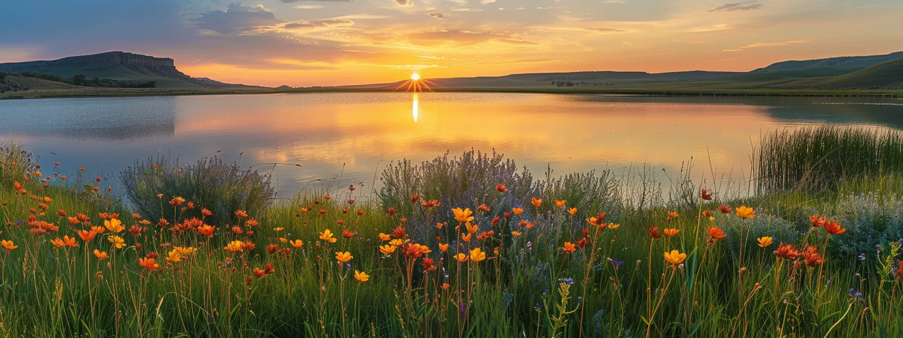 a radiant sunset casts golden hues over a tranquil lake, where vibrant wildflowers bloom in the foreground, creating a serene and picturesque landscape.