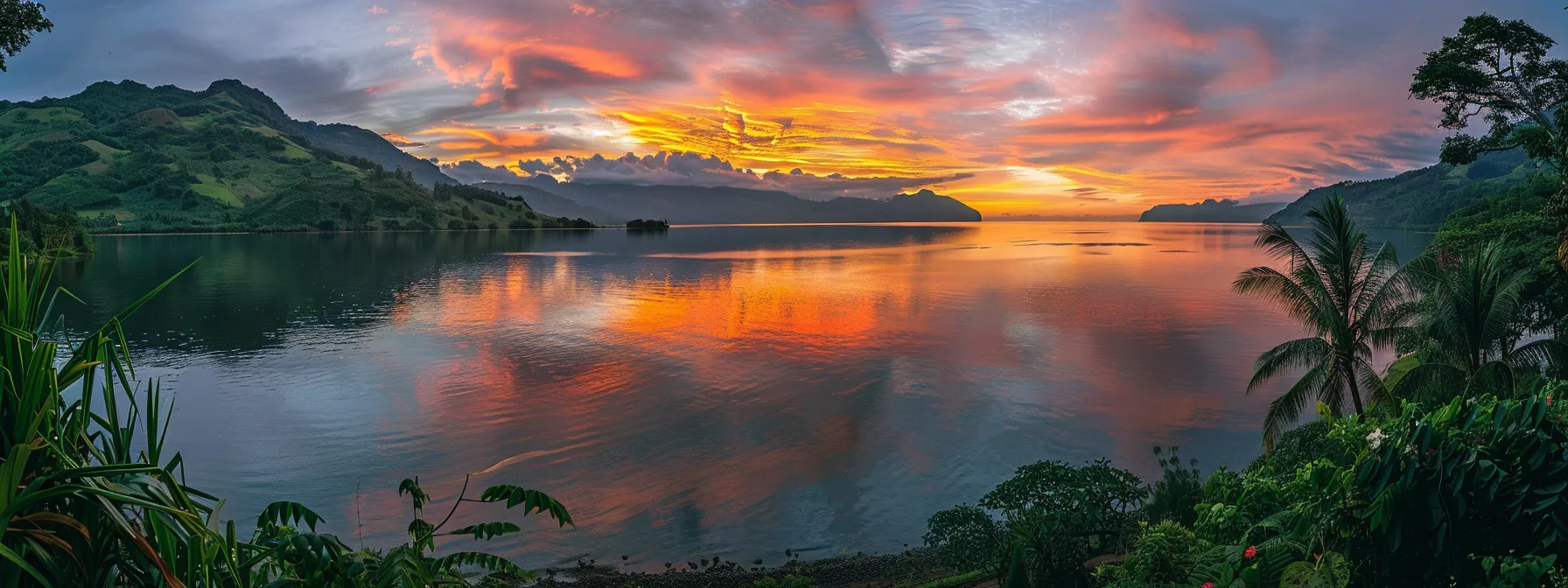 a radiant sunset casts vibrant hues across a tranquil lake, reflecting the fiery sky and surrounded by lush greenery.