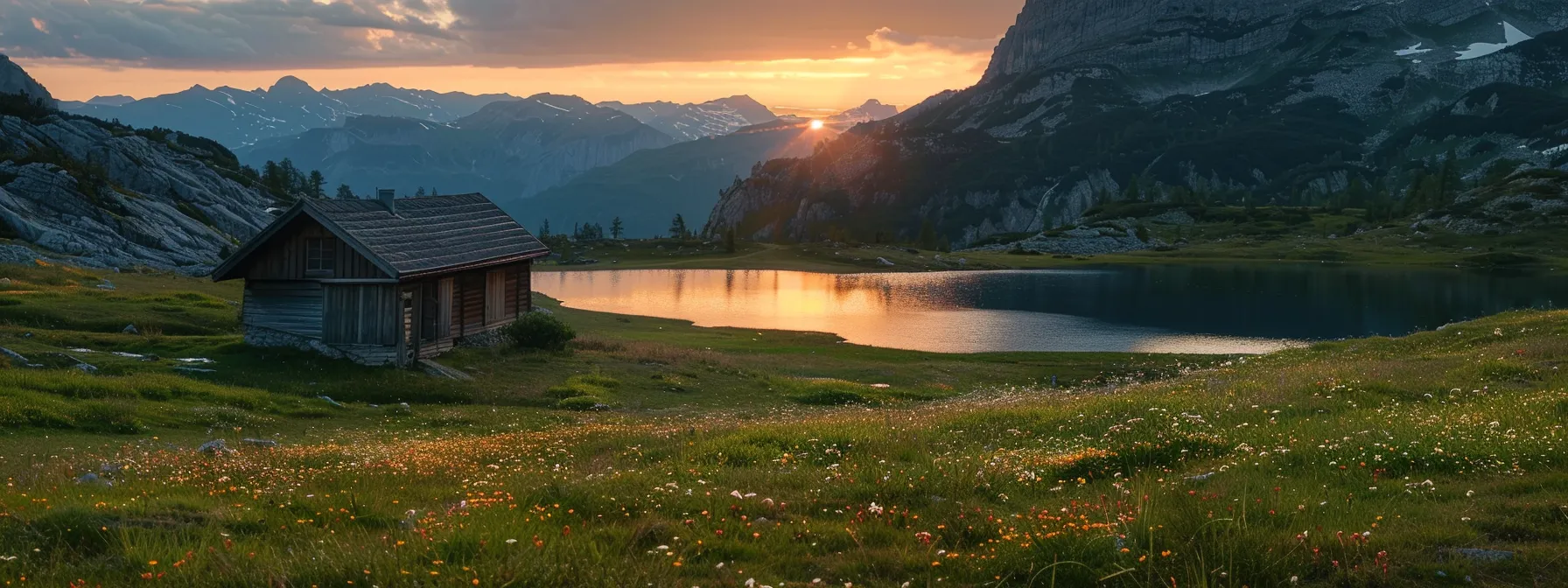 a rustic wooden cabin adorned with vibrant wildflowers sits peacefully beside a shimmering lake, framed by majestic mountains under a golden sunset sky.