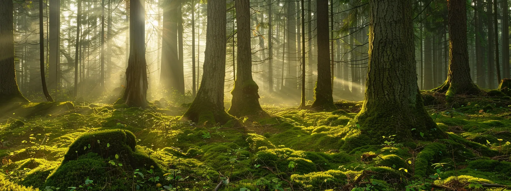 a serene, fog-laden forest at dawn, where soft golden light filters through the towering trees, highlighting the vibrant green moss blanketing the earthy ground.