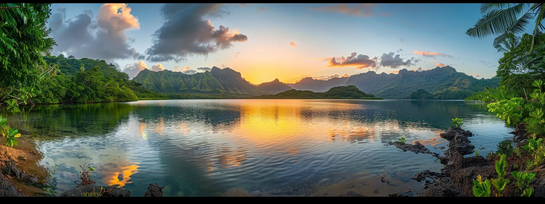 a serene landscape showcases a vibrant sunrise reflecting off tranquil waters, surrounded by lush greenery and majestic mountains in the background.