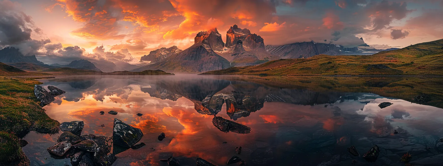 a serene landscape unfolds at sunrise, with a vibrant sky painted in rich hues of orange and pink reflecting off a tranquil lake surrounded by misty mountains.