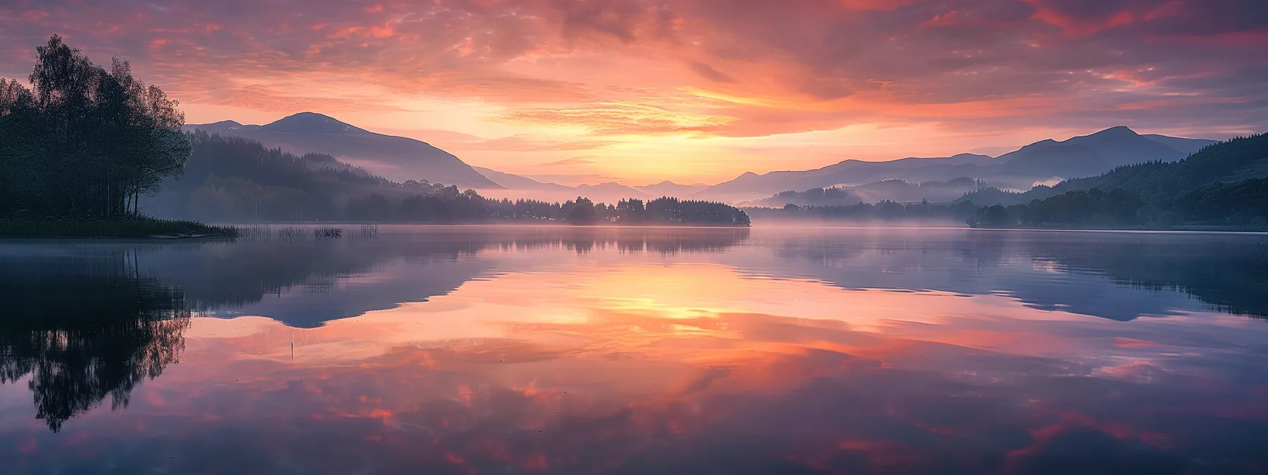 a serene landscape unfolds at dawn, where gentle mist blankets a tranquil lake, reflecting vibrant hues of orange and pink from the rising sun peeking over distant mountains.