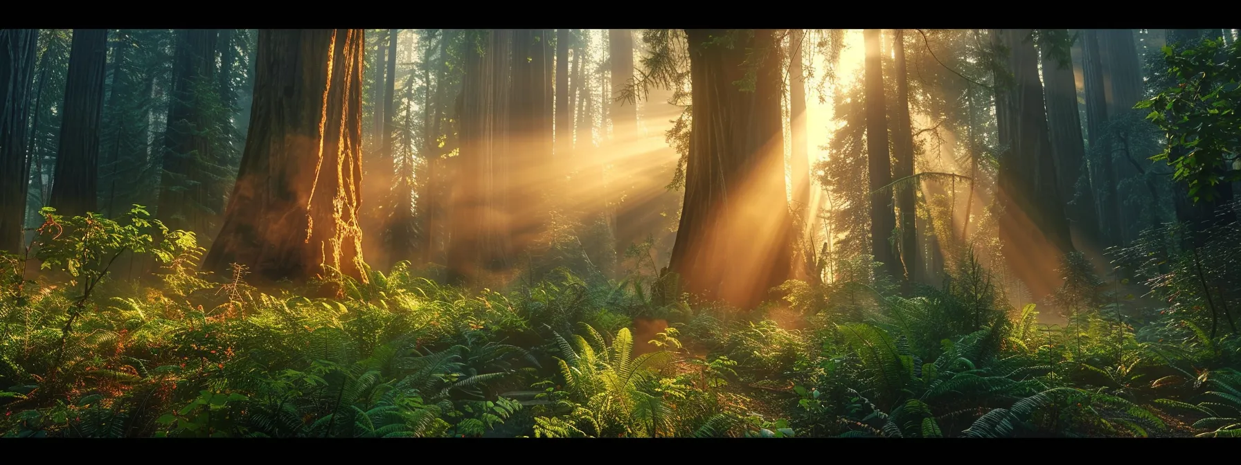 a serene, misty forest at dawn, where ethereal beams of golden sunlight filter through the towering, ancient trees, creating a magical atmosphere of tranquility and wonder.