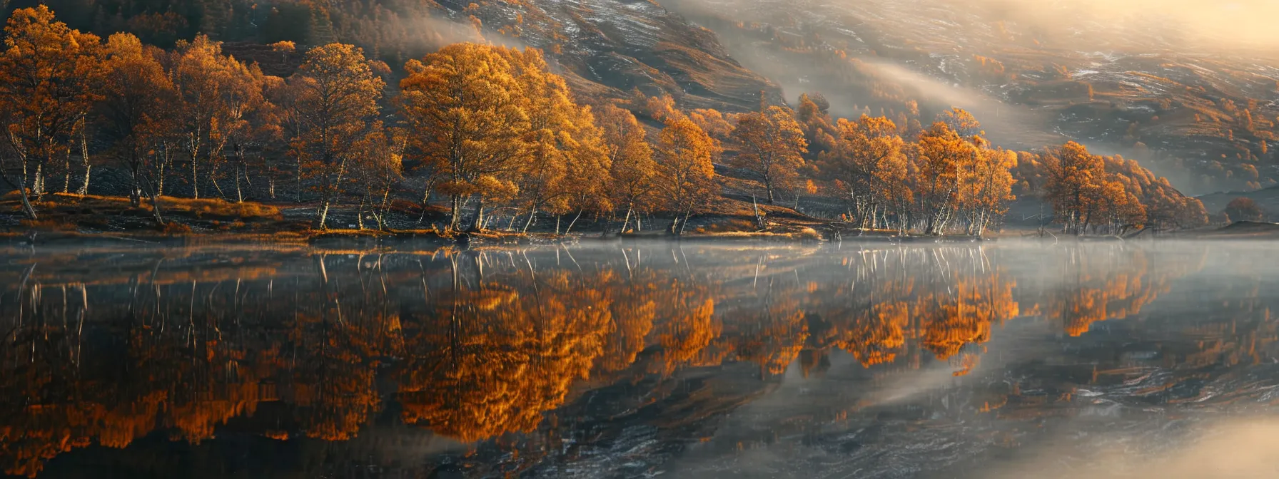 a serene sunrise casts golden hues over a tranquil lake, with mist rising from the water’s surface and vibrant trees reflecting in the glassy mirror below.