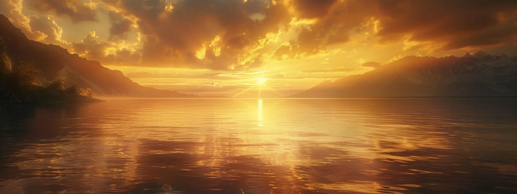 a serene sunset casts golden hues over a tranquil lake, with vibrant reflections dancing on the water's surface, creating a mesmerizing and peaceful atmosphere.