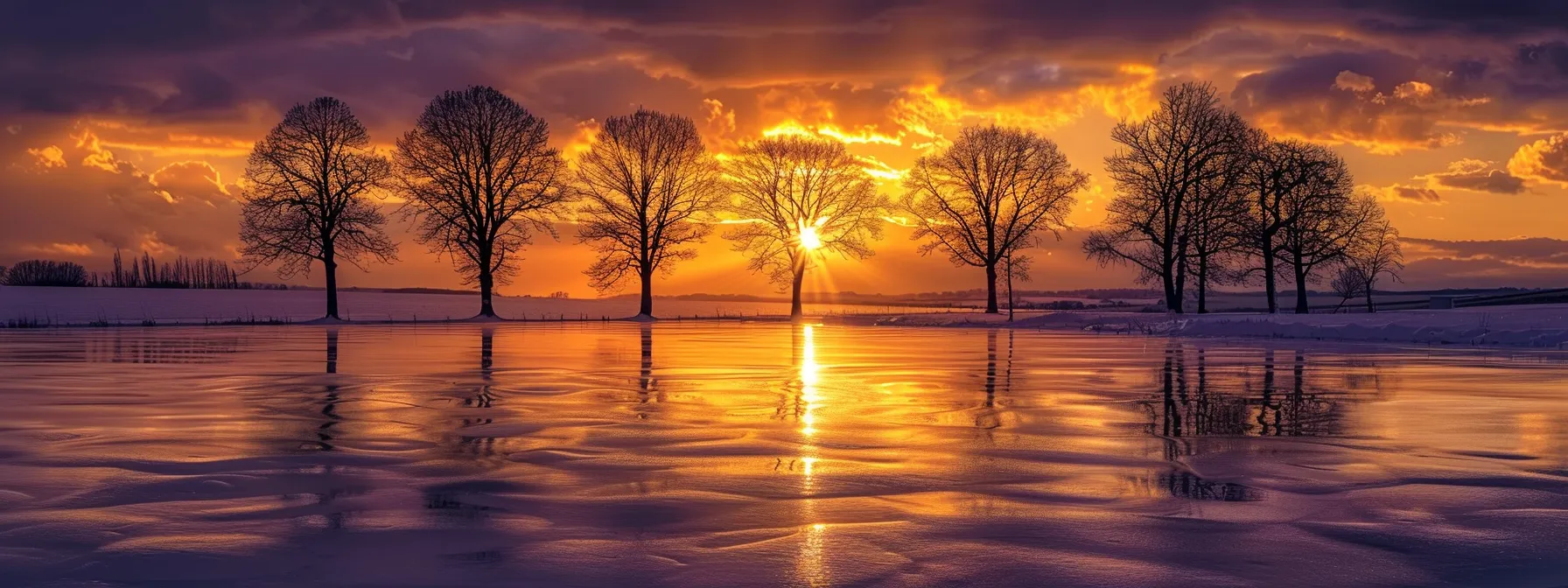 a stunning sunset casts a warm golden hue over a tranquil lake, reflecting vibrant oranges and purples in the water while silhouetted trees frame the serene horizon.