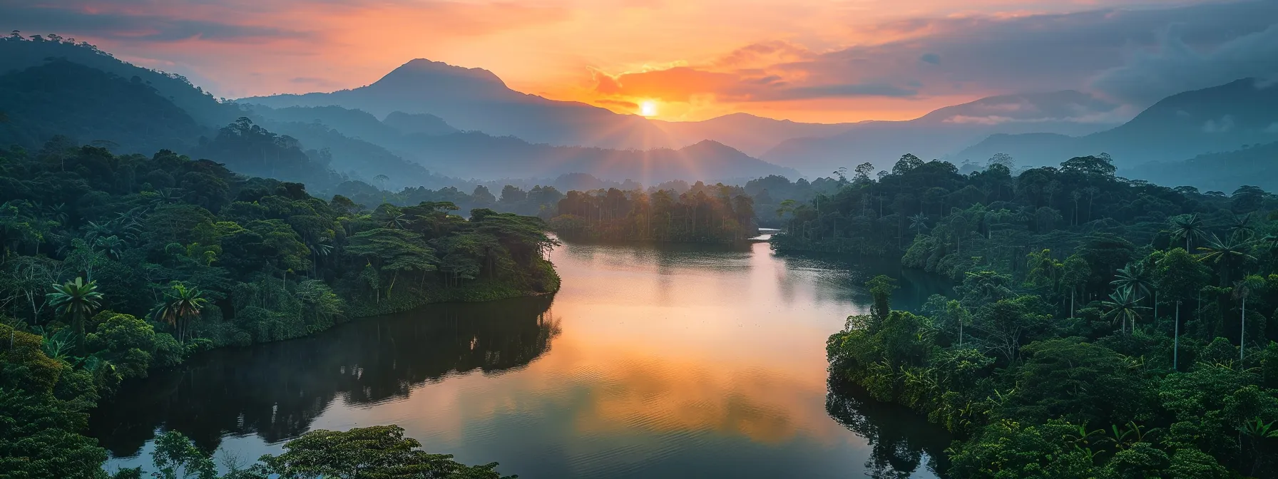 a stunning sunset paints the sky in vivid shades of orange and pink, illuminating a tranquil lake surrounded by lush forests, creating a serene and breathtaking landscape.