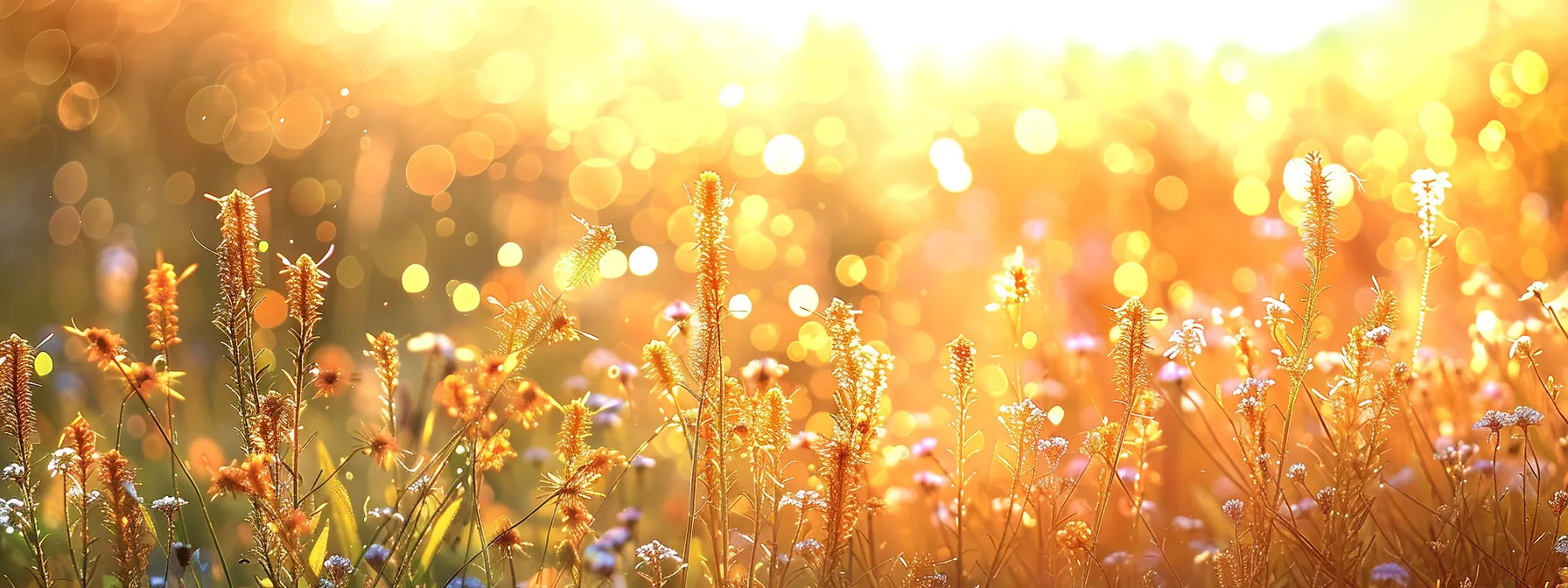 a tranquil sunrise spills golden light across a serene lake, casting shimmering reflections on the water's surface as vibrant wildflowers bloom along the shore.