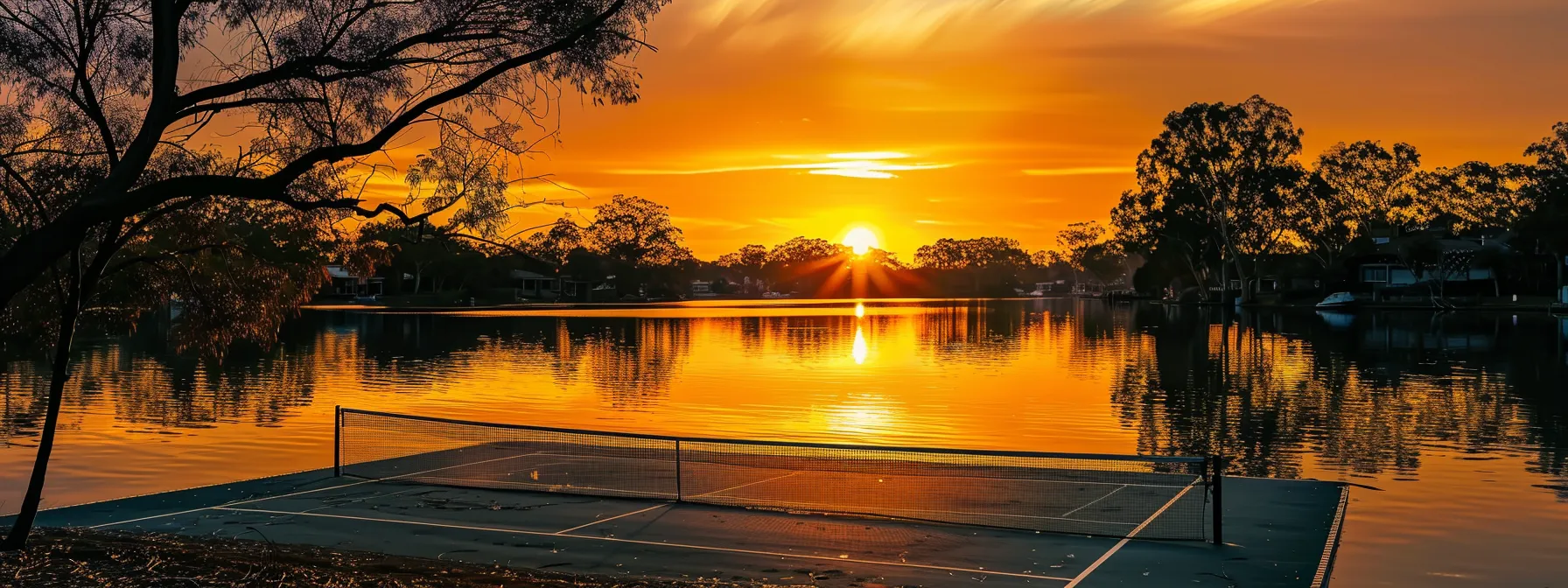 a vibrant, golden sunset casts a warm glow over a serene lake, reflecting the breathtaking colors of the sky while silhouetted trees frame the tranquil waters.