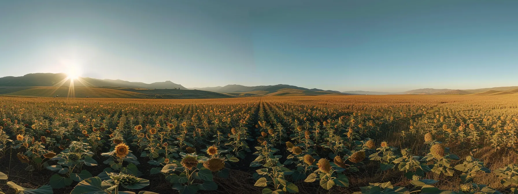 a vibrant sunflower field stretches under a clear blue sky, with the golden blooms reaching towards the sun, creating a breathtaking tapestry of color and light.