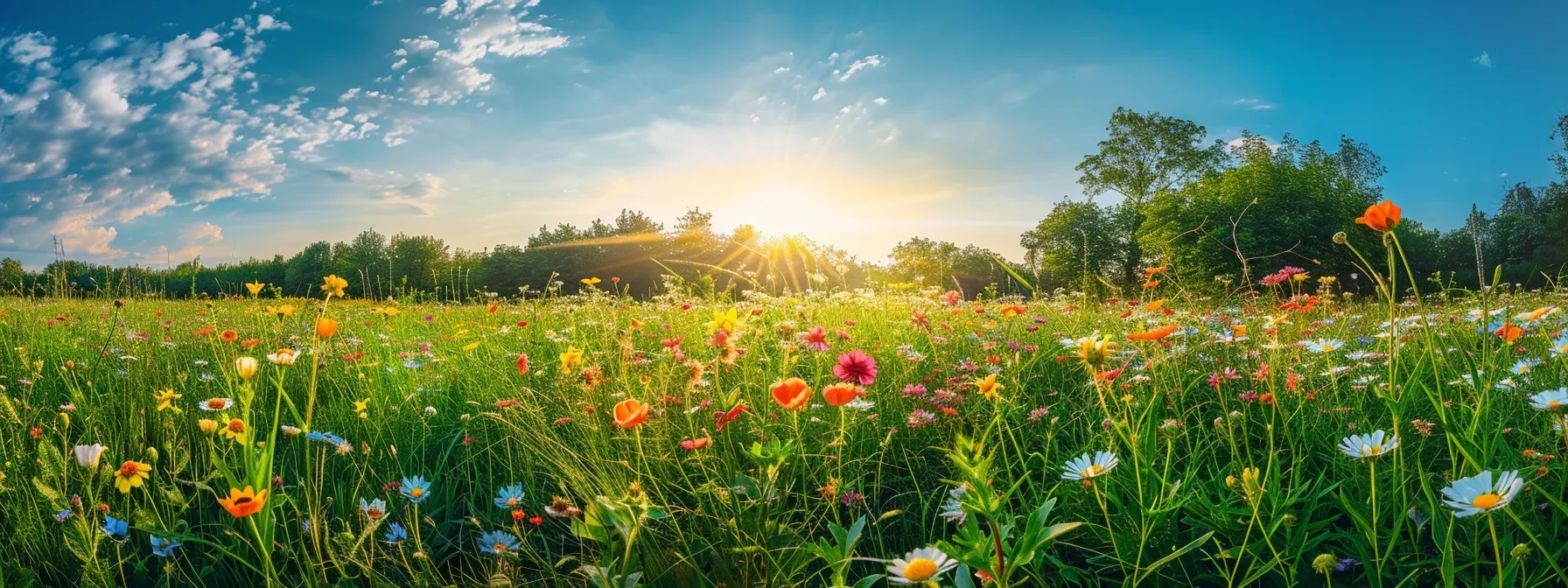 a vibrant, sunlit meadow bursts with a kaleidoscope of wildflowers, surrounded by lush greenery and a cerulean sky, evoking a sense of natural serenity and breathtaking beauty.