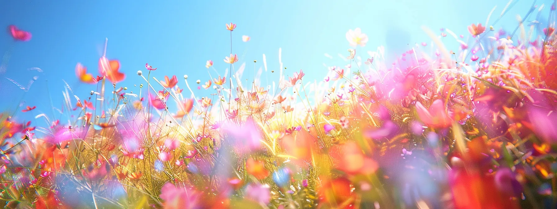 a vibrant, sunlit meadow bursts with a kaleidoscope of wildflowers swaying gently in a warm breeze under a clear blue sky.