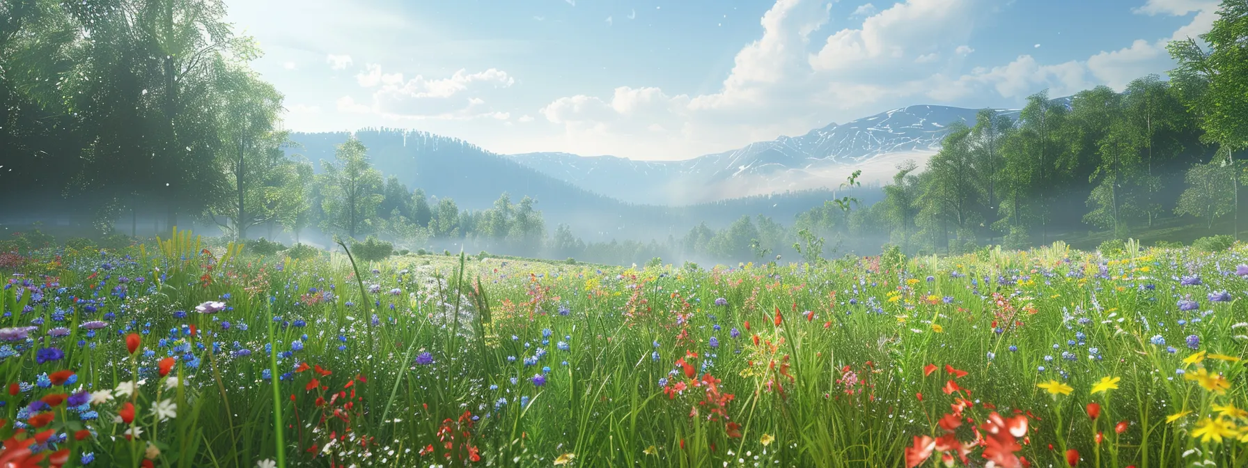 a vibrant, sunlit meadow filled with colorful wildflowers and lush greenery stretches towards the horizon, embodying a serene and tranquil natural landscape.
