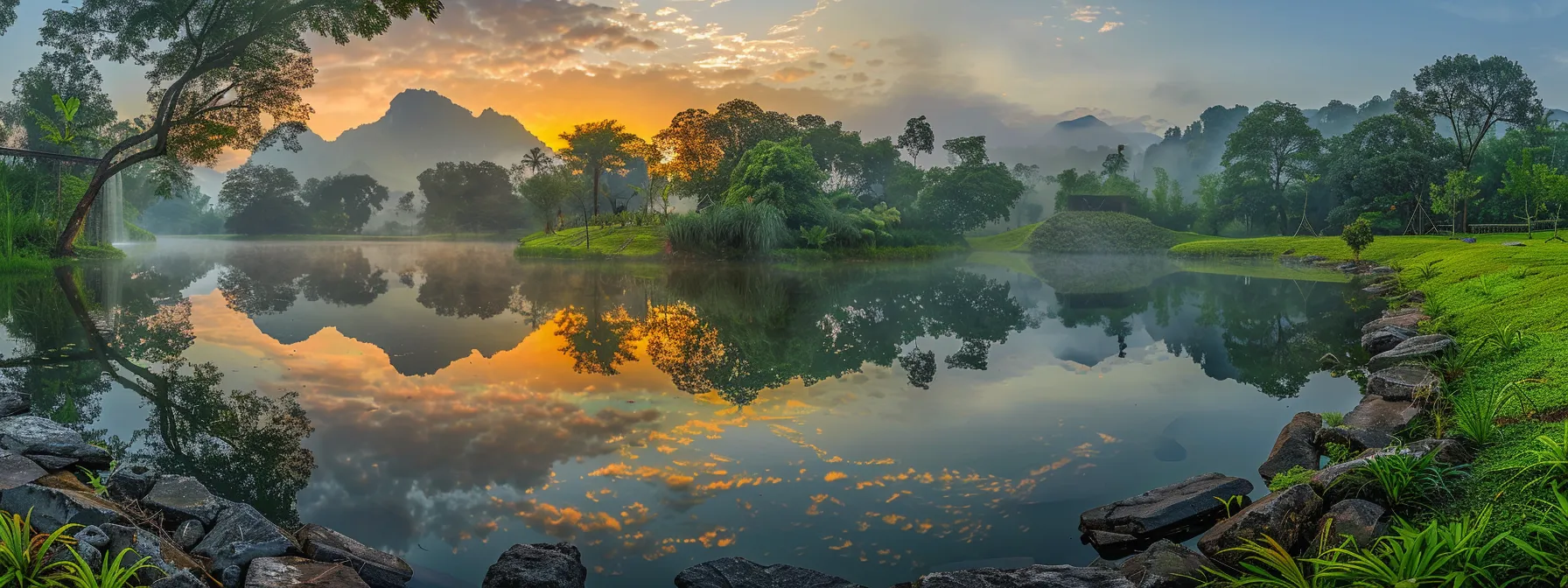 a vibrant sunrise bathes a tranquil lake in golden hues, reflecting the surrounding misty mountains and lush green trees, evoking a sense of peace and natural beauty.