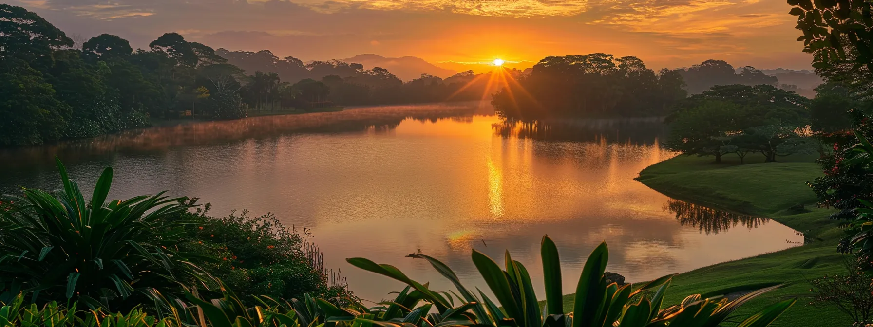 a vibrant sunrise casts golden rays over a serene lake, reflecting a tapestry of fiery oranges and soft pinks on the water's surface, surrounded by lush greenery and distant mountains.