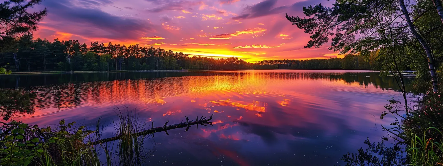 a vibrant sunset casts a golden glow over a serene lake, its glassy surface perfectly reflecting the colorful sky, framed by lush trees in the foreground.