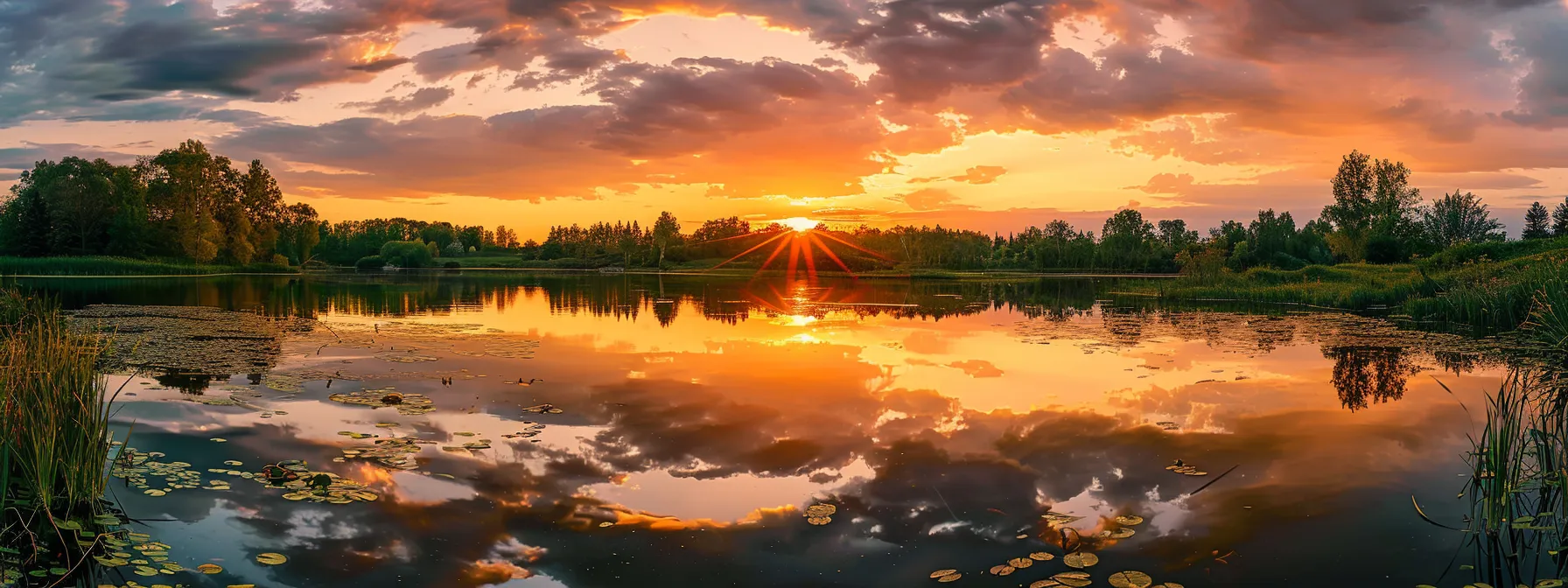 a vibrant sunset casts a golden glow over a serene lake, reflecting the fiery sky and surrounding lush greenery in perfect harmony.