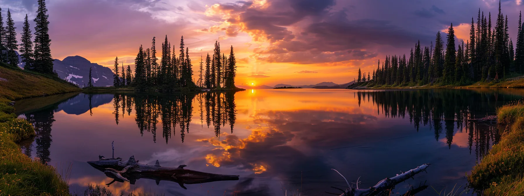 a vibrant sunset casts a golden glow over a tranquil lake, reflecting the fiery hues of the sky and surrounded by silhouetted trees, creating a serene and captivating atmosphere.