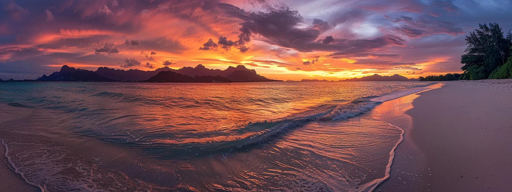 a vibrant sunset casts a fiery glow over a tranquil beach, where gentle waves lap at the shore, creating a serene and picturesque landscape.