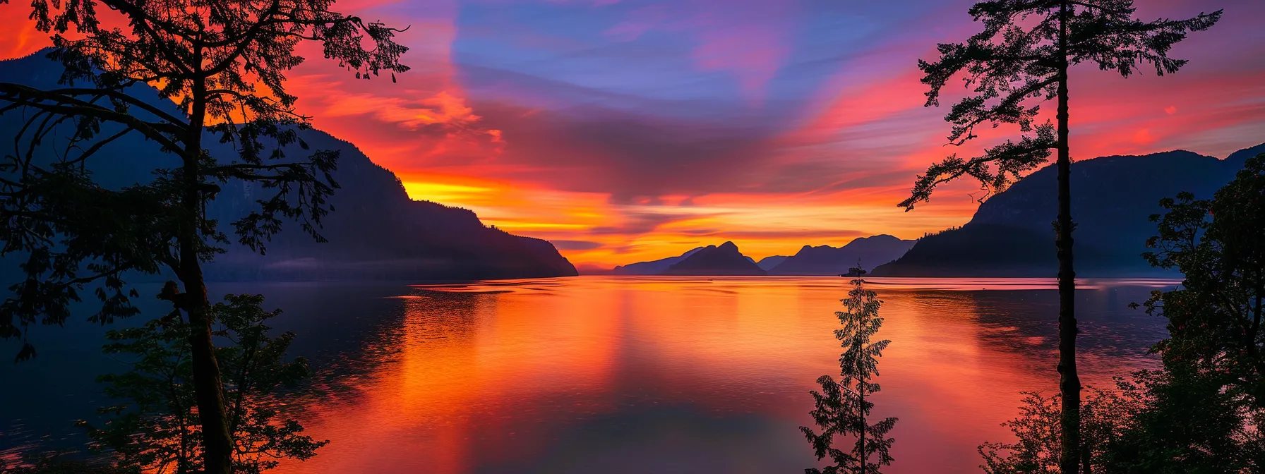 a vibrant sunset casts a fiery orange glow over a tranquil lake, with silhouetted trees framing the serene water's surface that mirrors the colorful sky.