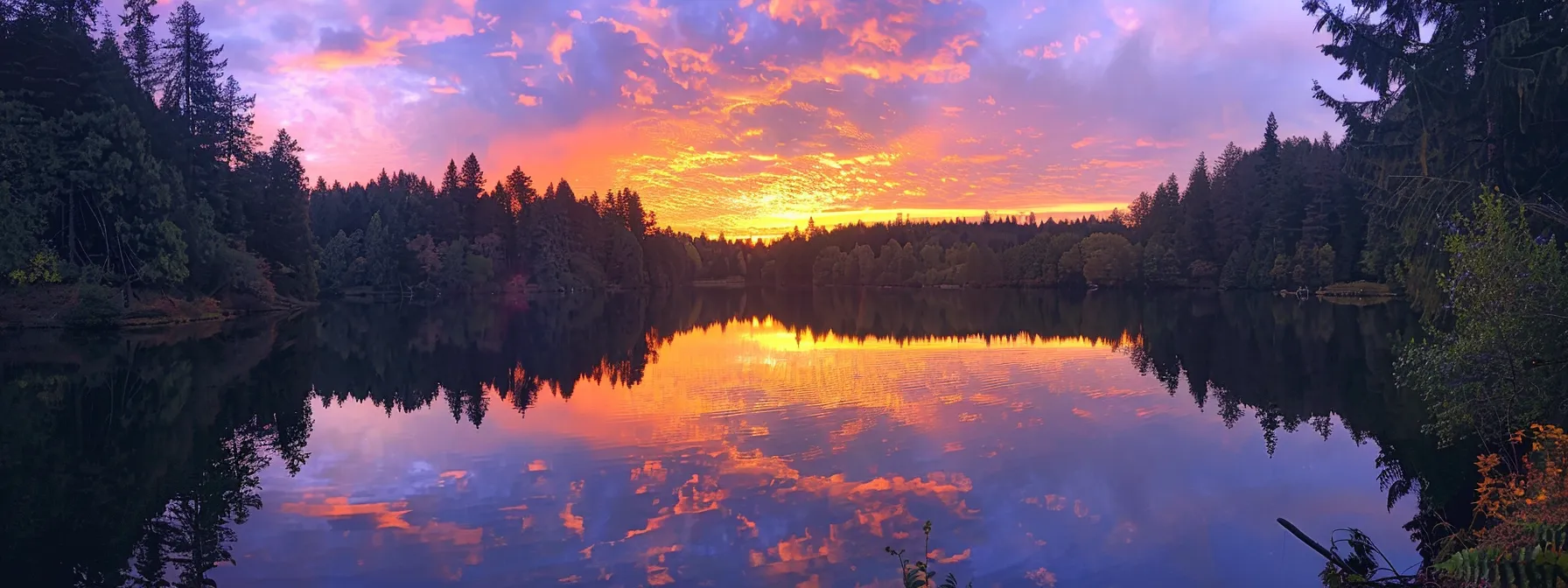 a vibrant sunset casts a warm golden glow over a tranquil lake, reflecting the vivid colors of the sky and surrounded by lush, green trees.