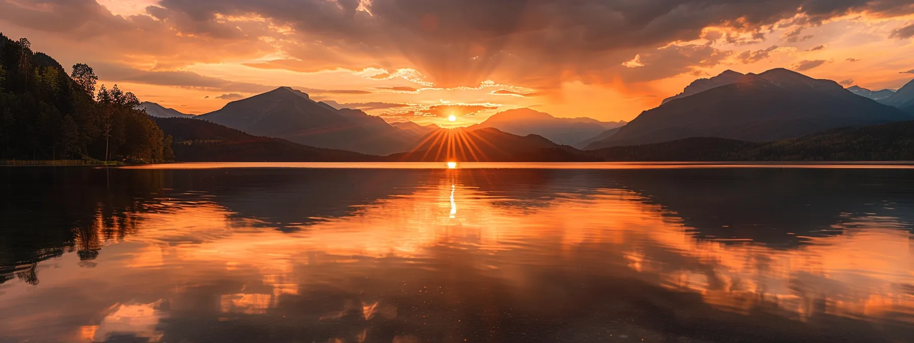 a vibrant sunset casts a golden glow over a tranquil lake, with silhouetted mountains reflecting on the still water, creating a serene and breathtaking natural masterpiece.