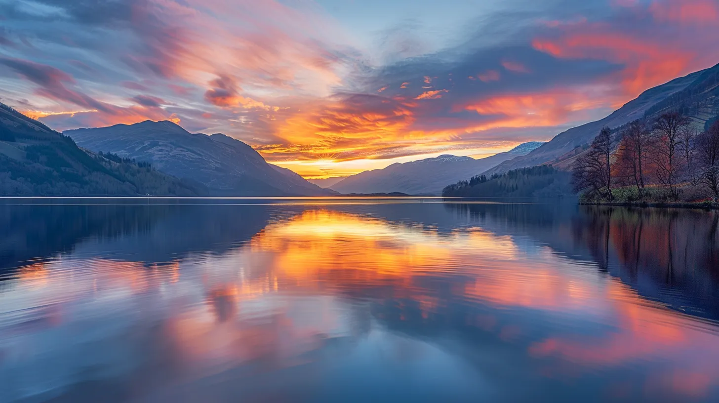 a vibrant sunrise casts a golden glow over a tranquil lake surrounded by misty mountains, reflecting the colorful sky in the glassy water and creating a serene atmosphere.