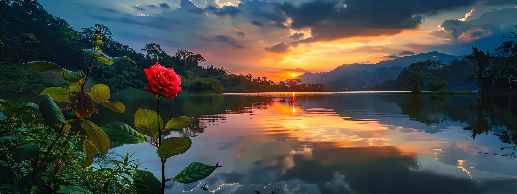 a vibrant sunset casts a warm golden glow over a tranquil lake, reflecting the fiery hues of the sky and surrounding lush greenery, evoking a sense of serenity and peace.