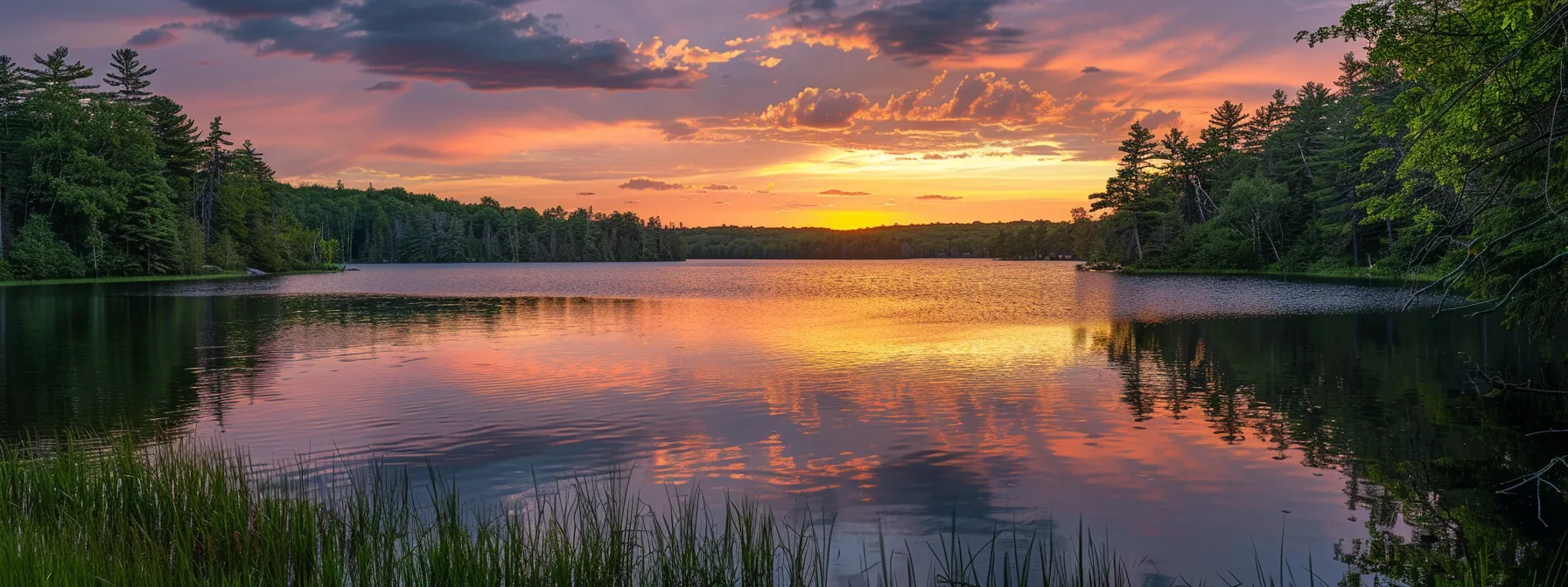 a vibrant sunset casts a warm glow over a serene lake, reflecting the fiery colors of the sky as tall, lush trees frame the tranquil waters.
