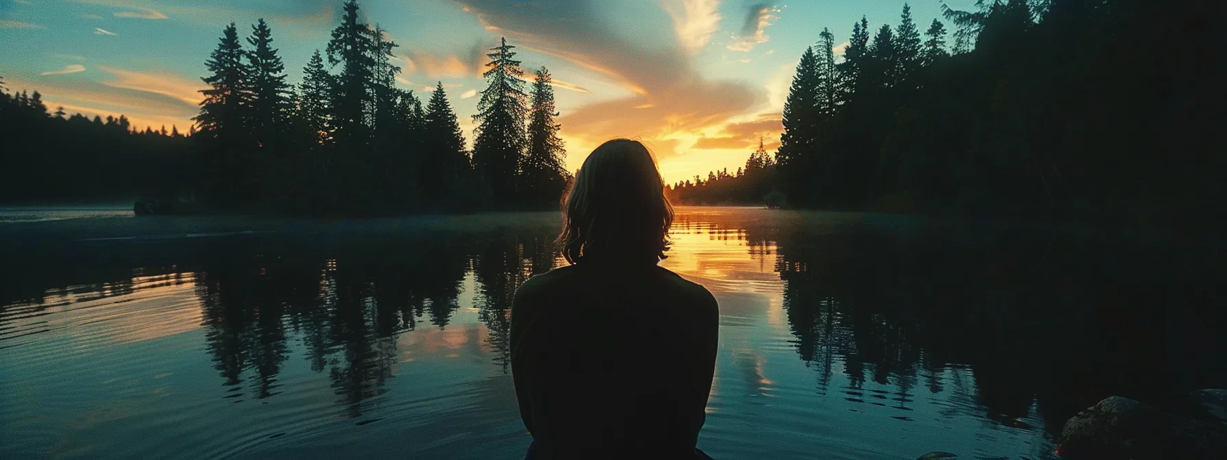 a vibrant sunset casts a golden glow over a tranquil lake, reflecting the shimmering colors of the sky and the silhouette of tall pine trees lining the shore.