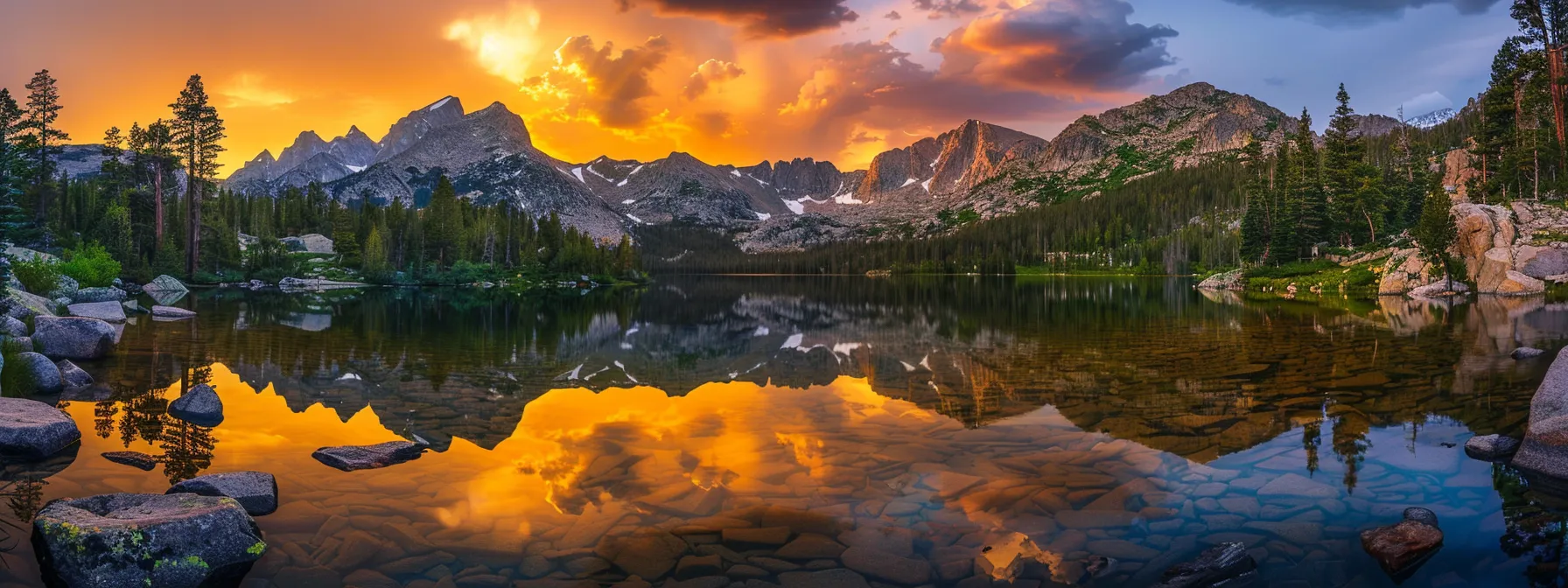 a vibrant sunset casts a warm golden hue over a tranquil lake, with majestic mountains reflected in the still water, creating a breathtaking and serene atmosphere.