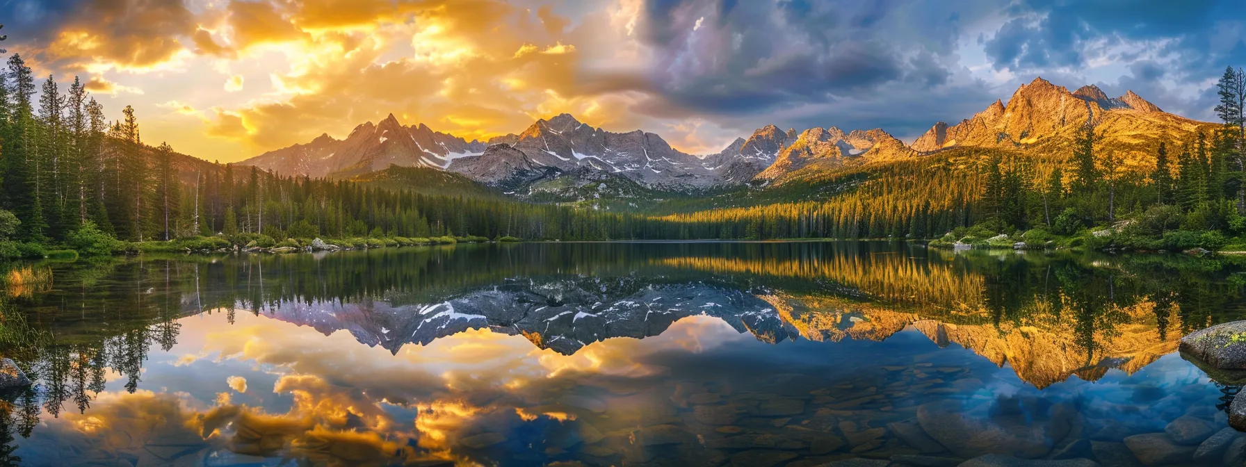 a vibrant sunset casts a golden hue over a serene mountain lake, reflecting the majestic peaks and creating a tranquil atmosphere that invites peaceful contemplation.