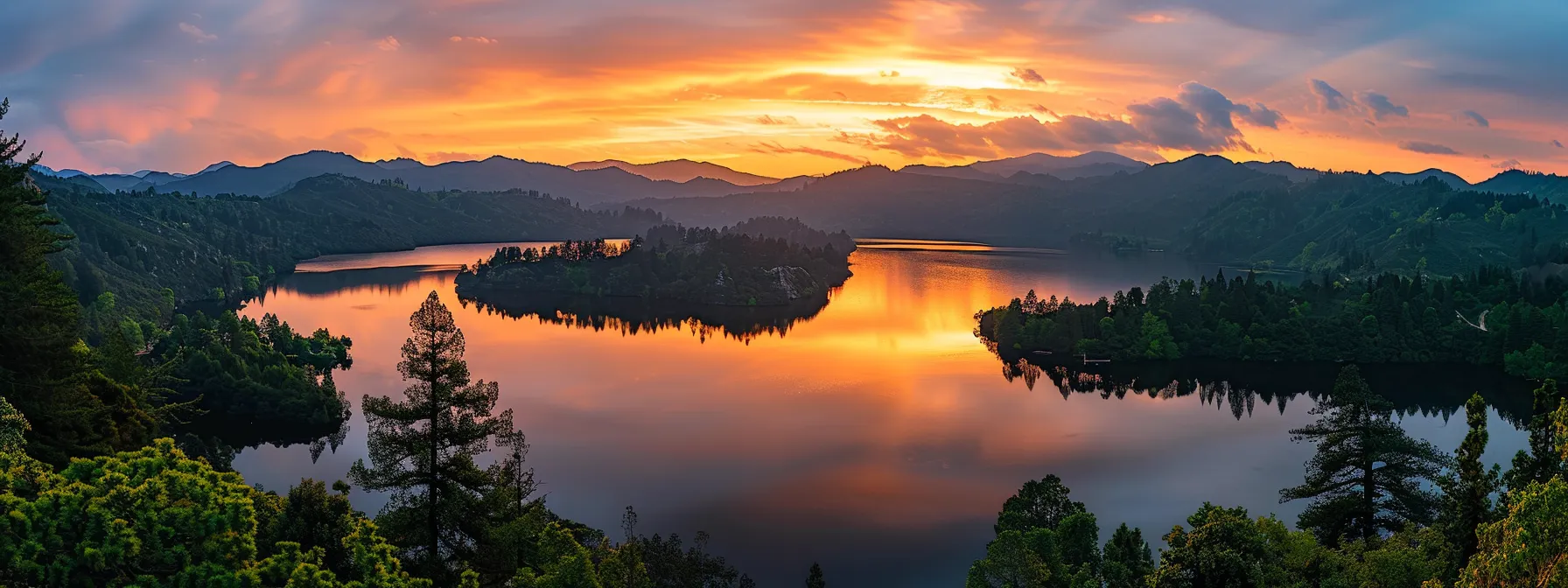 a vibrant sunset casts a golden hue over a tranquil lake, surrounded by lush pine trees and majestic mountains reflecting on the water's surface, creating a serene and picturesque landscape.