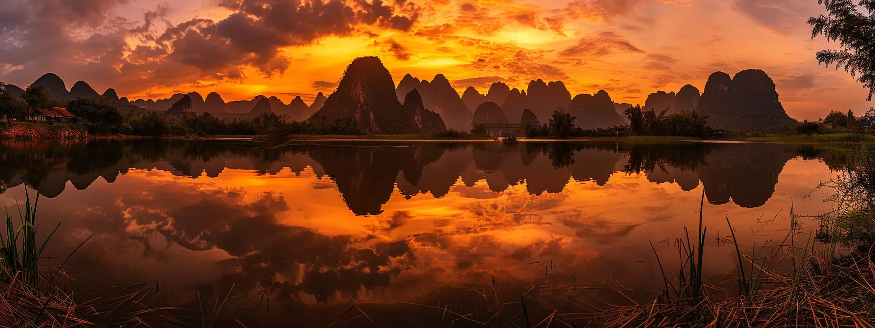 a vibrant sunset casts a golden hue over a tranquil lake, reflecting the silhouettes of towering mountains in the background, creating a serene and breathtaking atmosphere.