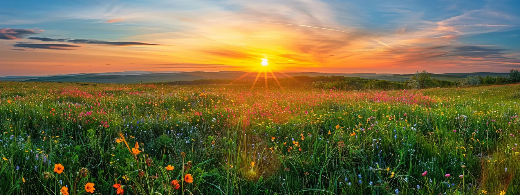 a vibrant sunset casts a golden hue over an expansive field of blooming wildflowers, creating a breathtaking panorama of color and serenity.