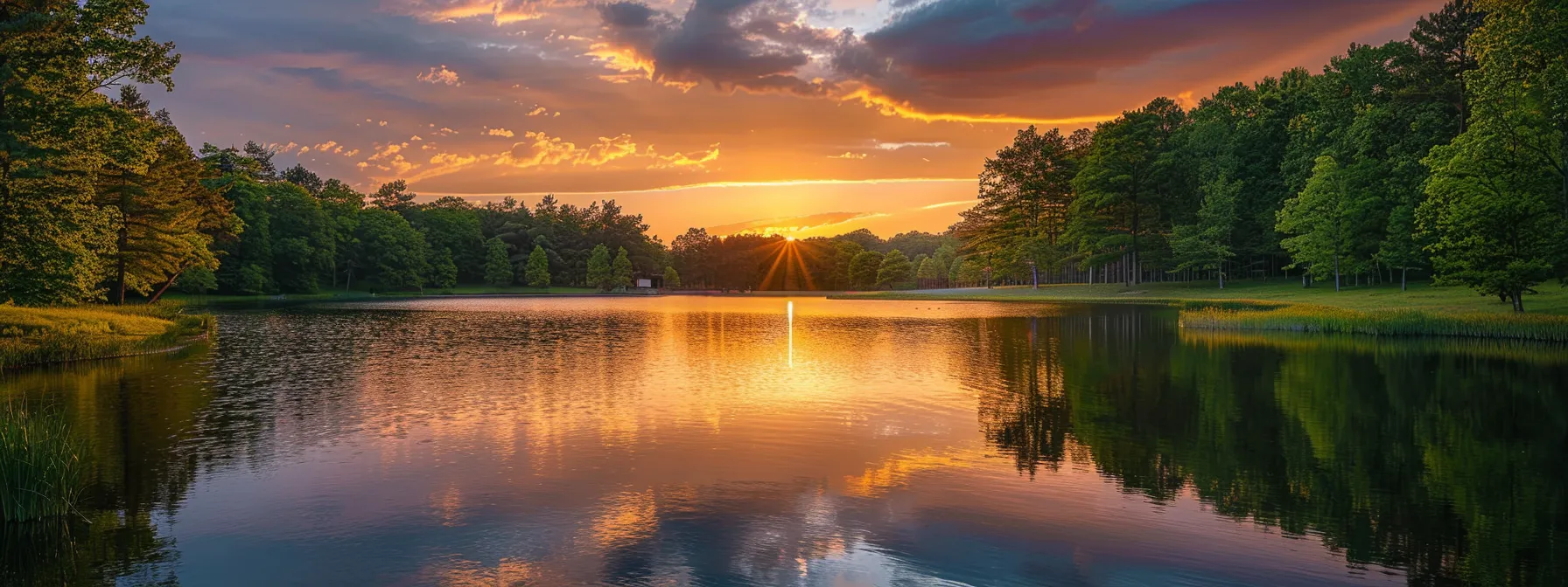 a vibrant sunset casts a warm golden glow over a tranquil lake, reflecting the brilliant hues of orange and pink in the sky, surrounded by lush green trees.