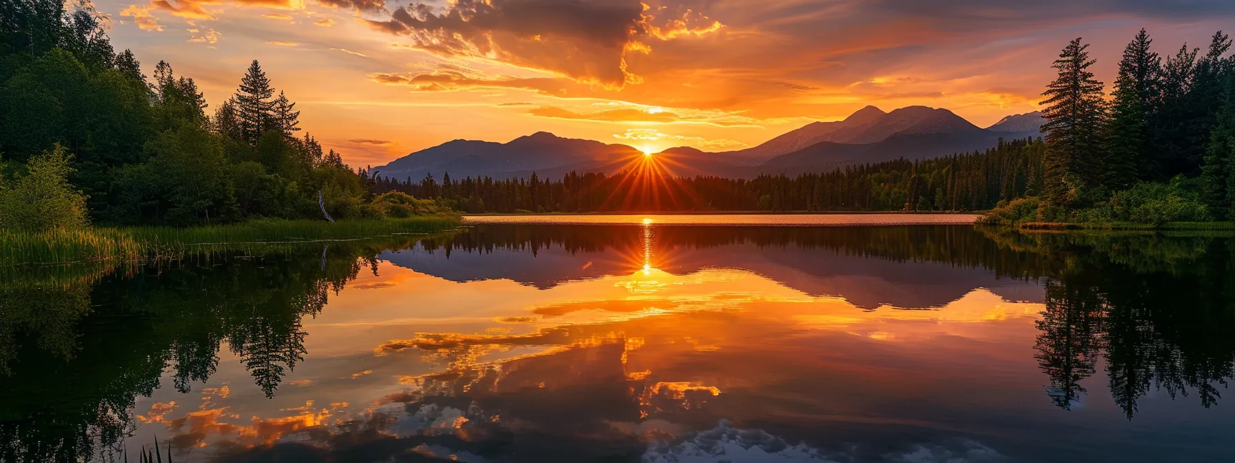 a vibrant sunset casts a warm golden glow over a serene lake, with crystal-clear reflections of the surrounding mountains creating a picturesque and tranquil landscape.