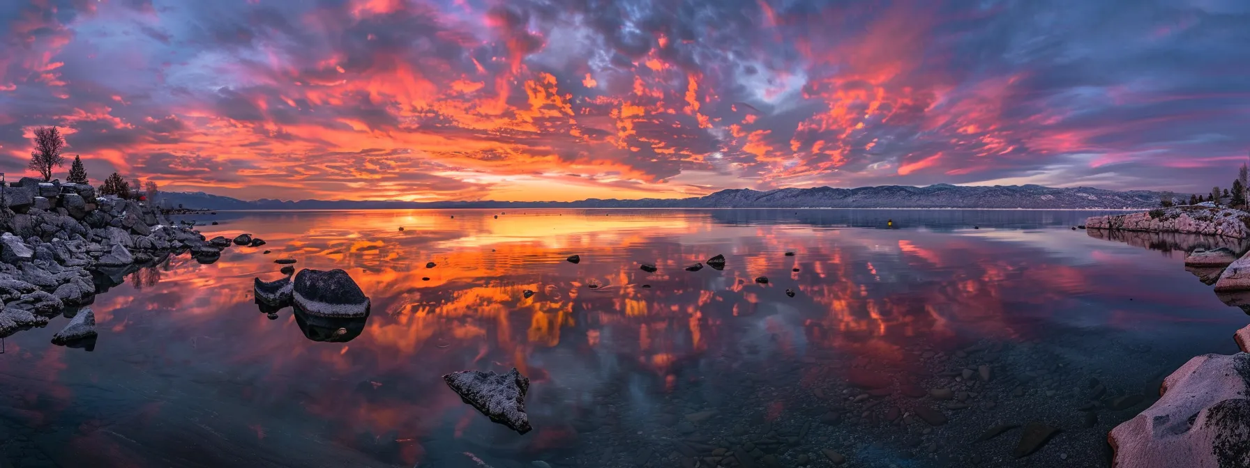 a vibrant sunset casts a warm, golden glow over a serene lake, where pastel-colored clouds reflect perfectly on the water's surface, creating a breathtaking tableau of tranquility.