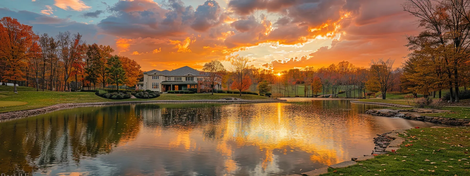 a vibrant sunset casts a warm glow over a tranquil lake, with the reflections of colorful clouds rippling serenely across the water's surface.