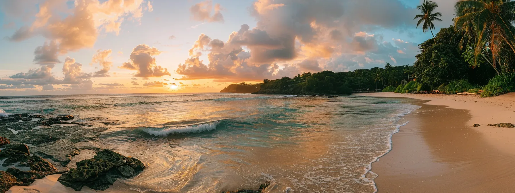 a vibrant sunset casts a warm golden glow over a tranquil beach, where gentle waves softly lap at the shore, inviting a sense of peace and serenity.