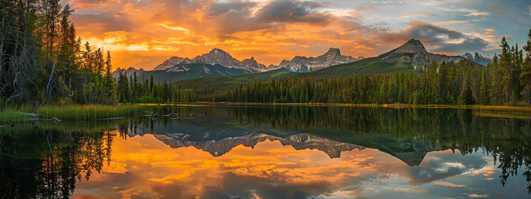 a vibrant sunset casts a golden glow over a serene lake, reflecting the lush forest and majestic mountains that frame the tranquil waters.