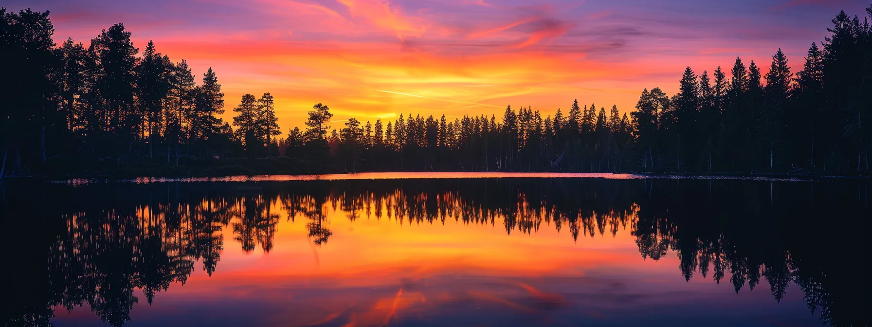 a vibrant sunset casts brilliant hues of orange and purple over a tranquil lake, reflecting silhouettes of tall trees lining the shore in serene harmony.