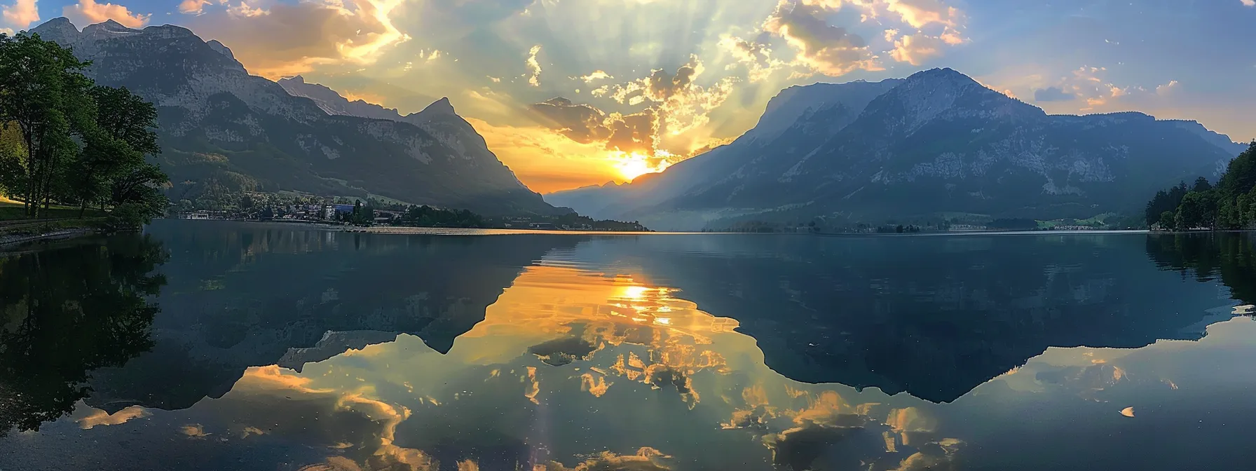 a vibrant sunset casts golden hues over a tranquil lake, with silhouettes of majestic mountains reflecting perfectly on the water's surface.