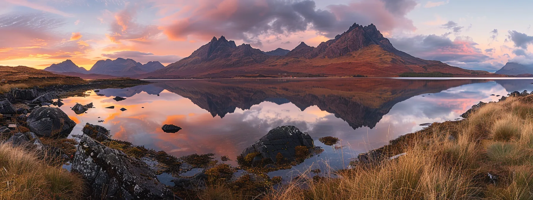a vibrant sunset casts golden hues over a tranquil lake, where majestic mountains reflect stunningly on the water's surface, creating a serene and captivating atmosphere.