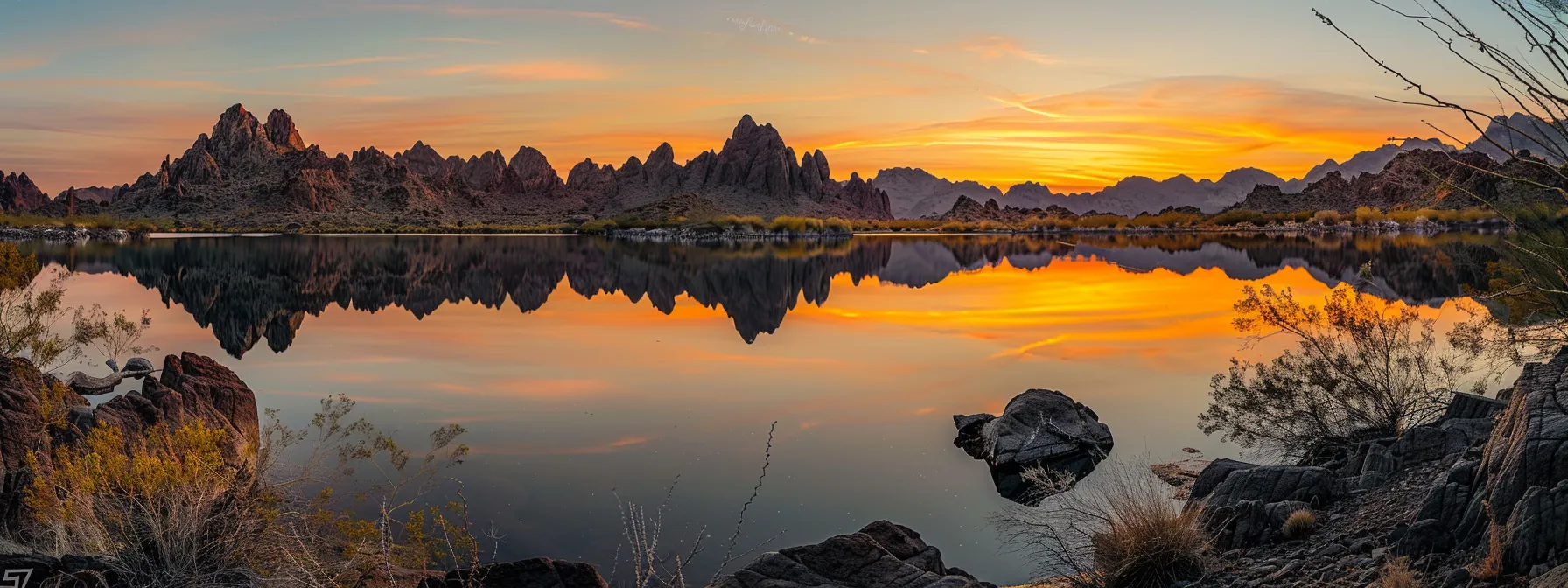 a vibrant sunset casts golden hues over a tranquil lake, reflecting the silhouette of towering mountains against a clear, twilight sky.