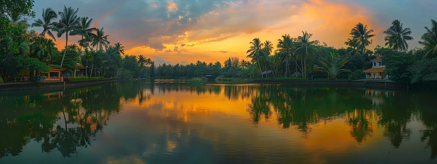 a vibrant sunset casts golden hues over a serene lake, reflecting the colorful sky and surrounded by lush, green trees.