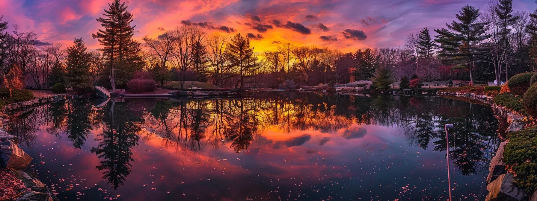 a vibrant sunset paints the sky in fiery oranges and deep purples over a tranquil lake, reflecting the stunning hues and surrounded by silhouetted pine trees.